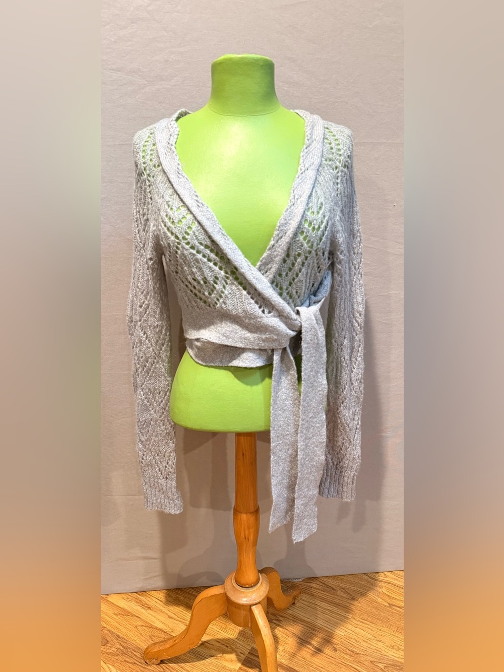 Guess Gray Ballet crop Open-Knit Wrap Cardigan with Tie